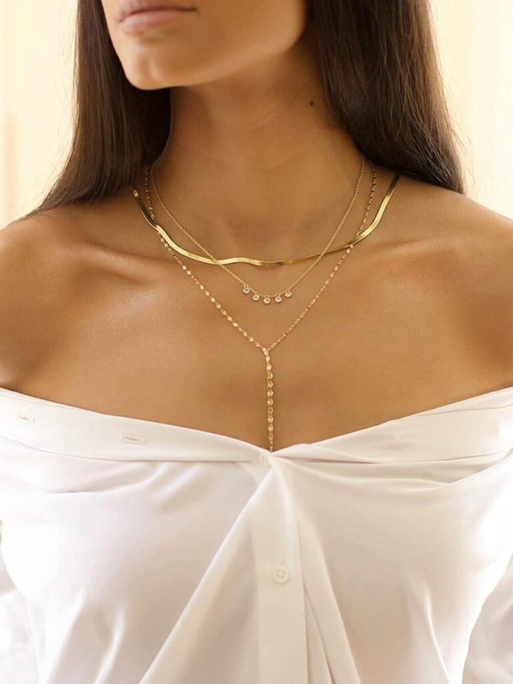 Layered Necklace Set for Women Stackable | Herringbone Snake Cuban Rope Chain, D - Picture 9 of 9
